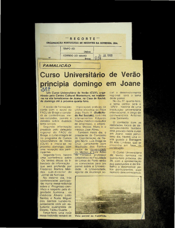  Curso universitário de verão principia domingo em Joane 