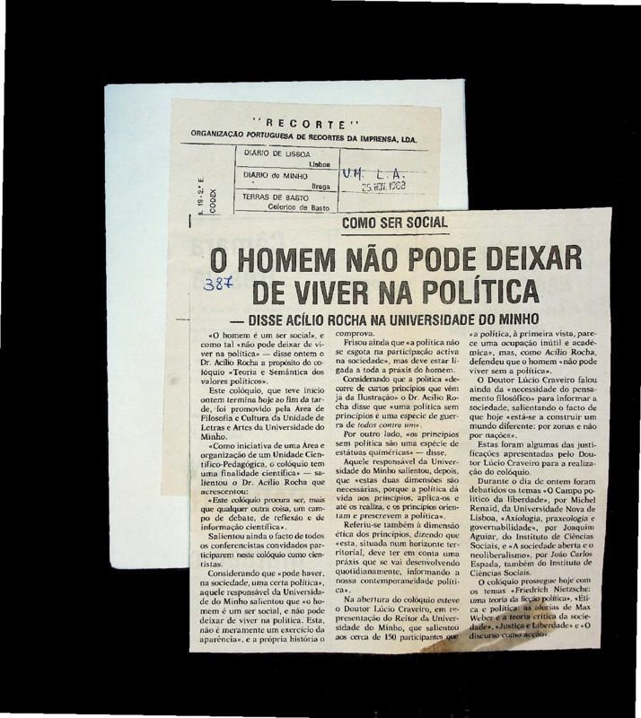  O Homem não pode deixar de viver na Política - disse Acílio Rocha na Universidade do Minho 