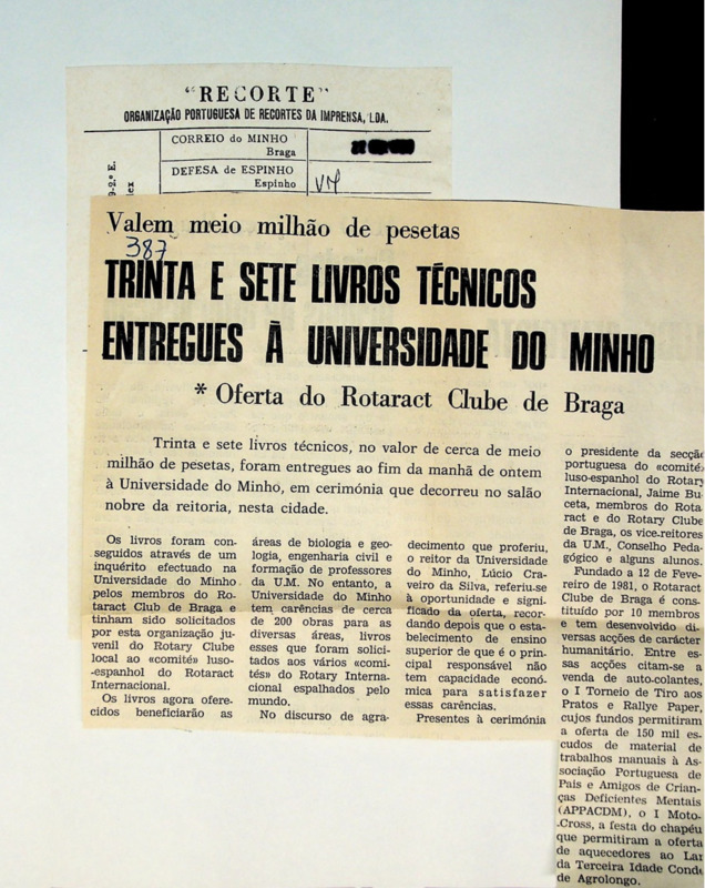  Valem meio milhão de pesetas - trinta e sete livros técnicos entregues à Universidade do Minho 