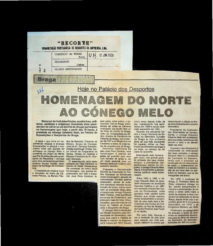  Hoje no Palácio dos desportos: homenagem do norte ao Cónego Melo 