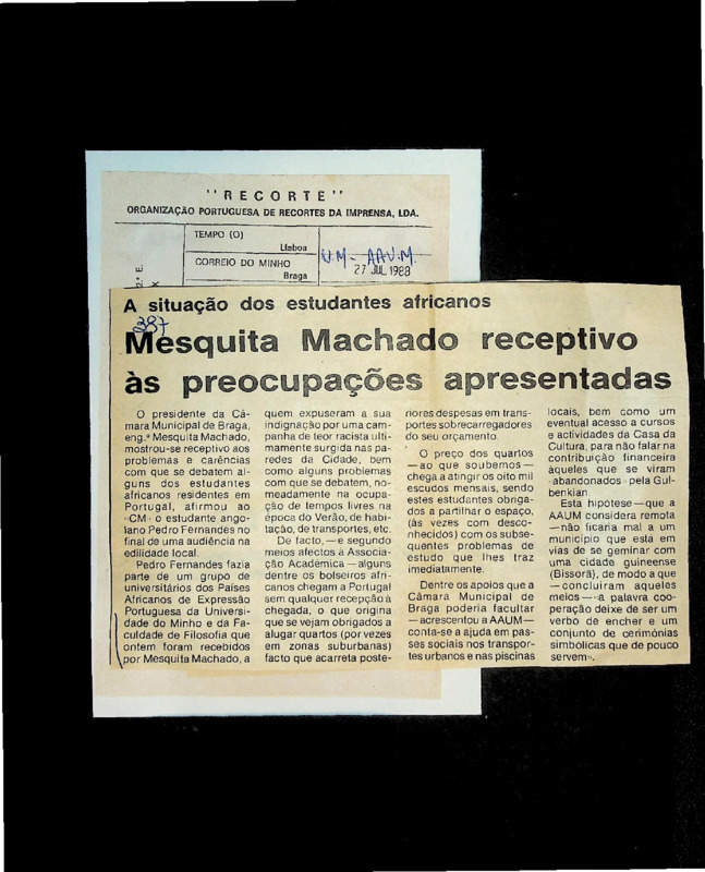  A situação dos estudantes africanos: Mesquita Machado receptivo às preocupações apresentadas 