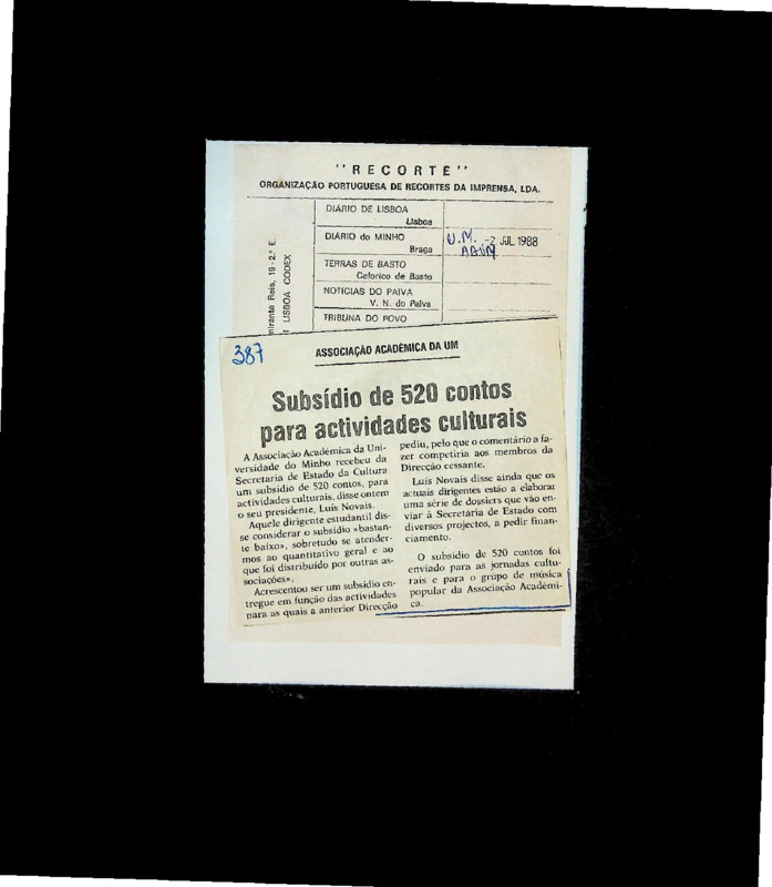  Subsídio de 520 contos para actividades culturais 