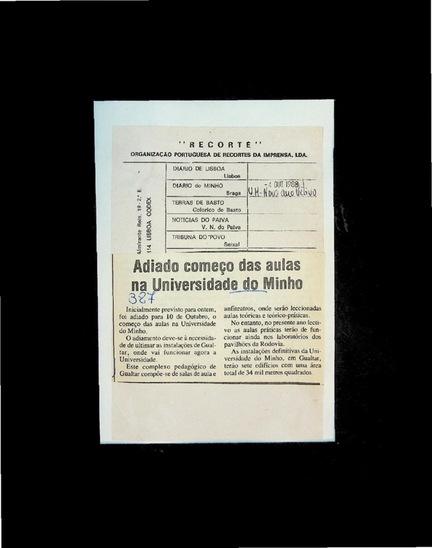  Adiado começo das aulas na Universidade do Minho 