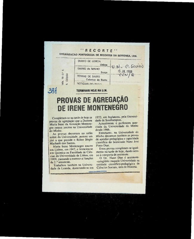  Terminam hoje na U.M. provas de agregação de Irene Montenegro 