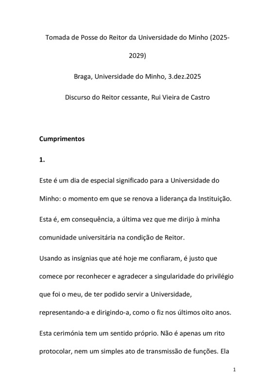  Discurso do Reitor Cessante da UMinho: Rui Vieira de Castro 