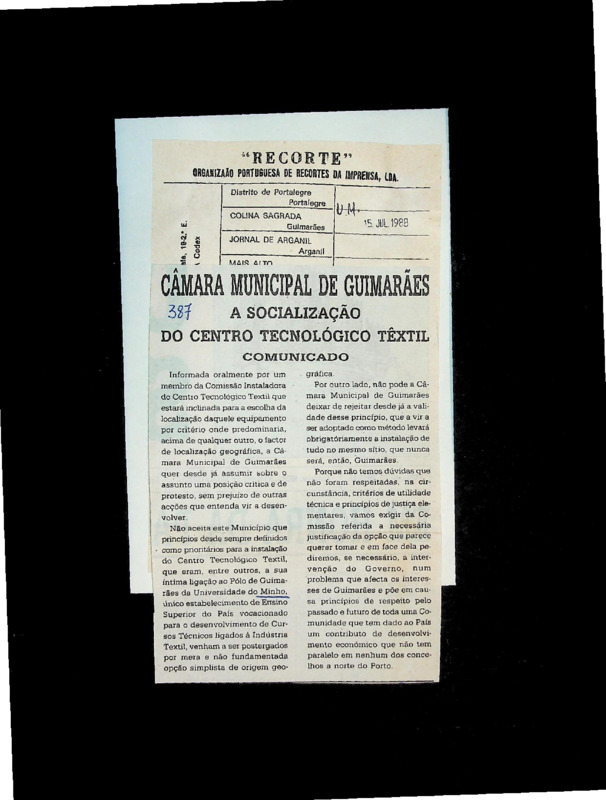  Câmara Municipal de Guimarães: a socialização do Centro Tecnológico Têxtil: comunicado 