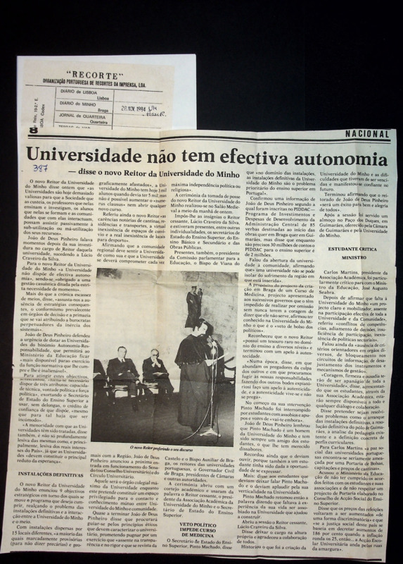  Universidade não tem efectiva autonomia - disse o novo Reitor da Universidade do Minho 