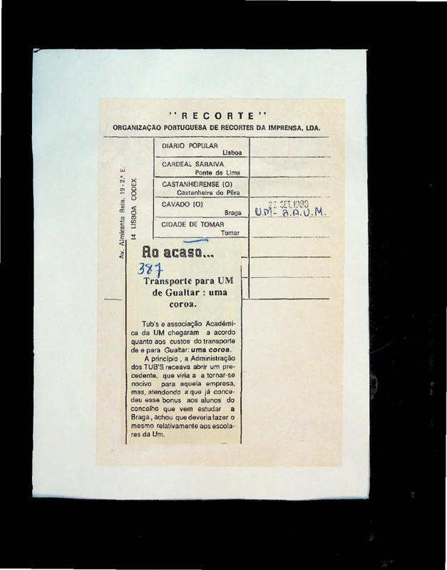  Transporte para UM de Gualtar: uma coroa 