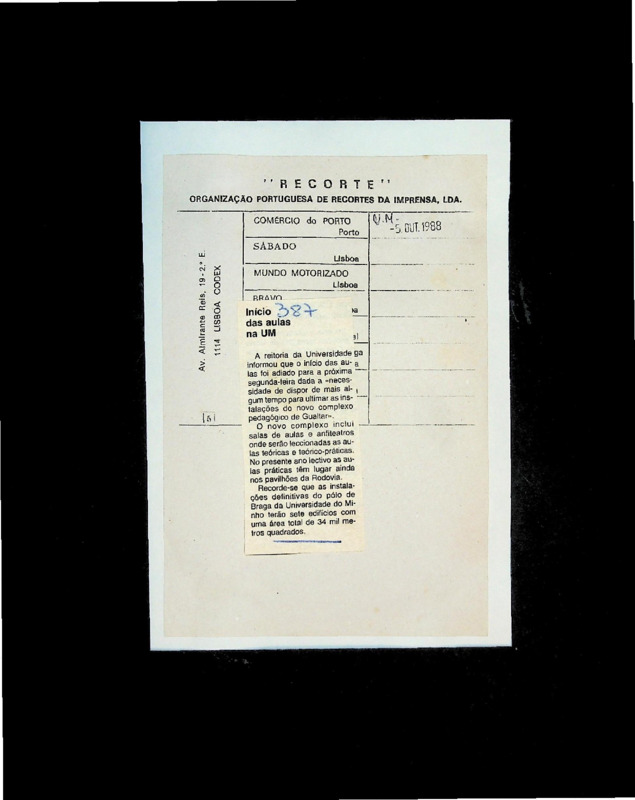  Início das aulas na UM 