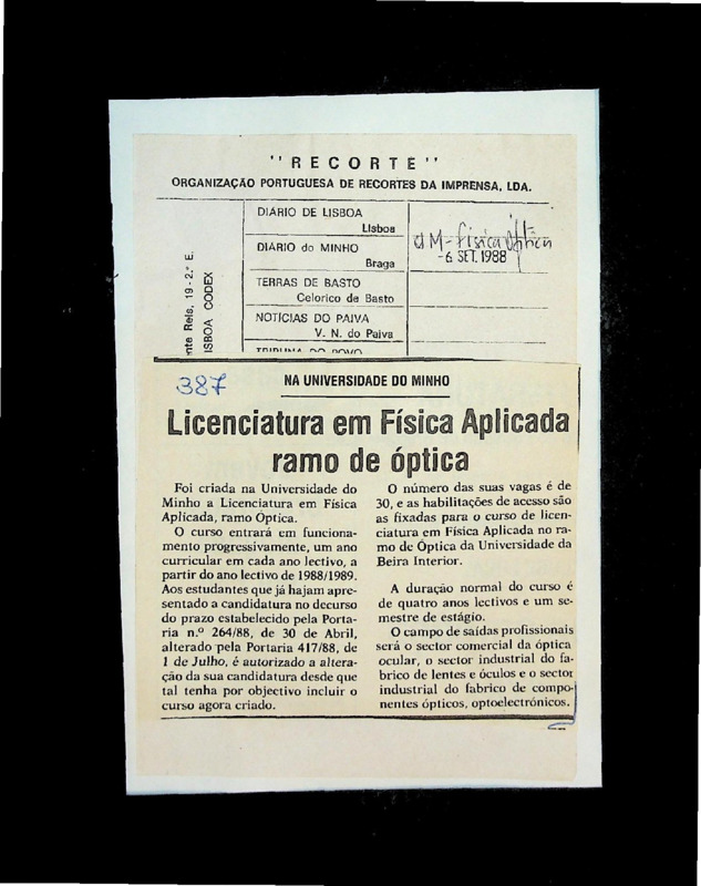  Licenciatura em Física Aplicada ramo de óptica 