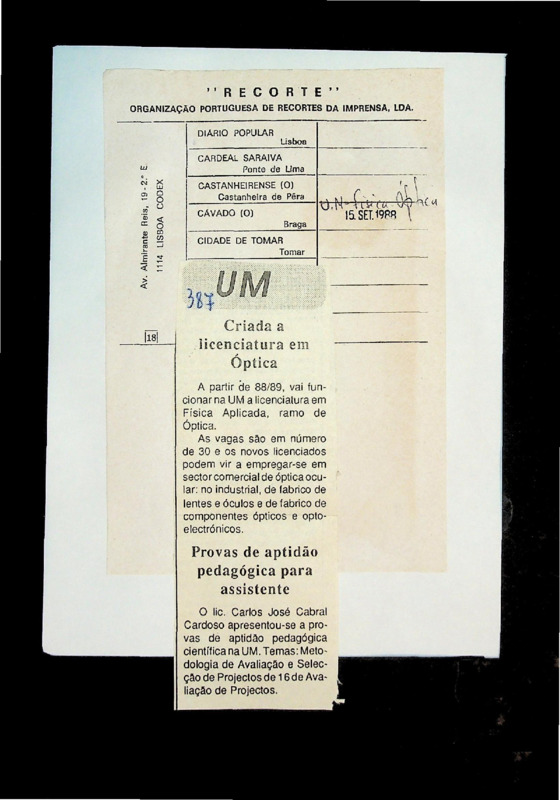  Criada a licenciatura em Óptica 