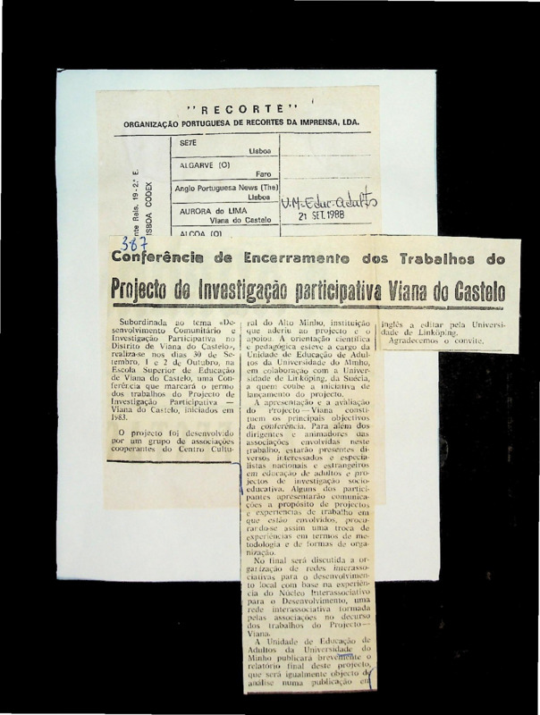  Conferência de encerramento dos trabalhos do Projecto de Investigação Participativa Viana do Castelo 