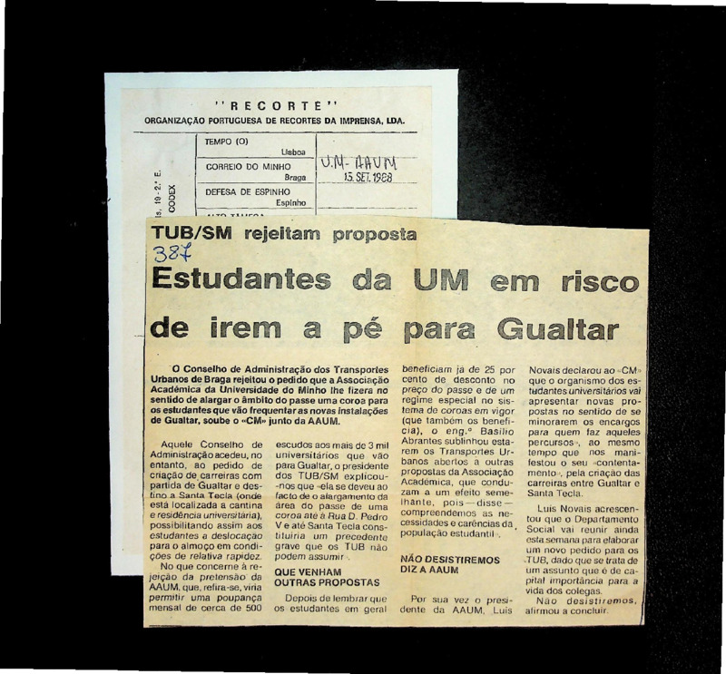  Estudantes da UM em risco de irem a pé para Gualtar 